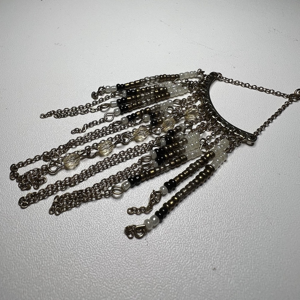 Vintage-Style Bohemian Fringe Statement Necklace Metallic Silver Tone Seed Beads